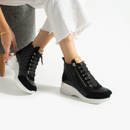 Sneakers damă negri din piele naturală pe platformă Durban