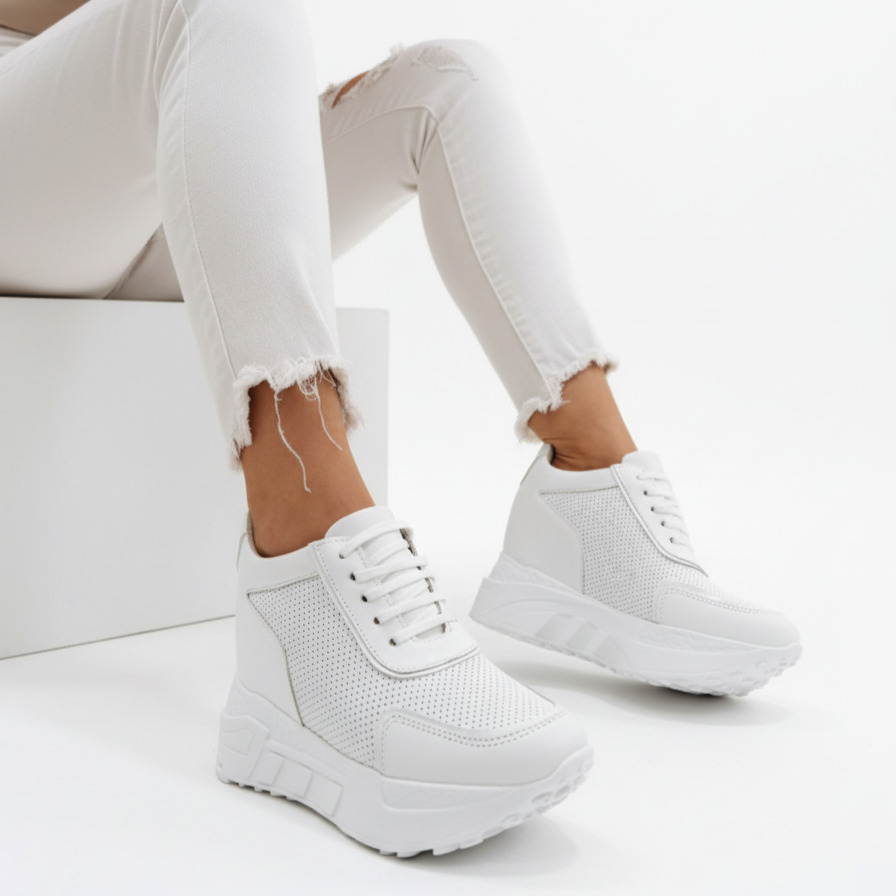 Adidași de damă albi cu platformă ascunsă din piele naturală Rabat Adidași de damă albi cu platformă ascunsă din piele naturală Rabat