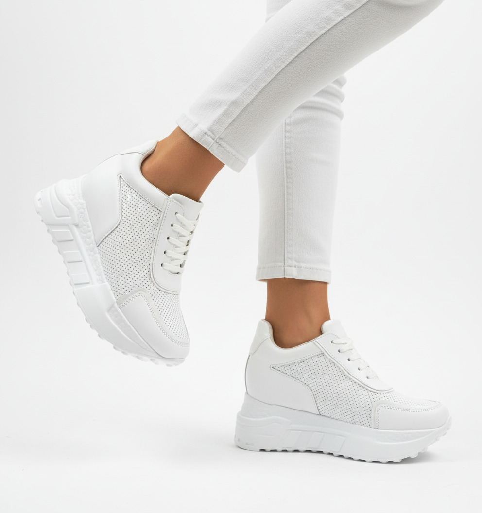 Adidași de damă albi cu platformă ascunsă din piele naturală Rabat Adidași de damă albi cu platformă ascunsă din piele naturală Rabat