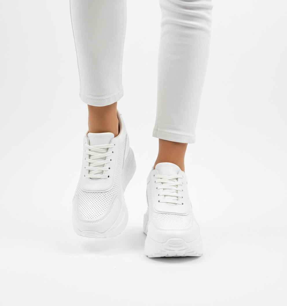 Adidași de damă albi cu platformă ascunsă din piele naturală Rabat Adidași de damă albi cu platformă ascunsă din piele naturală Rabat