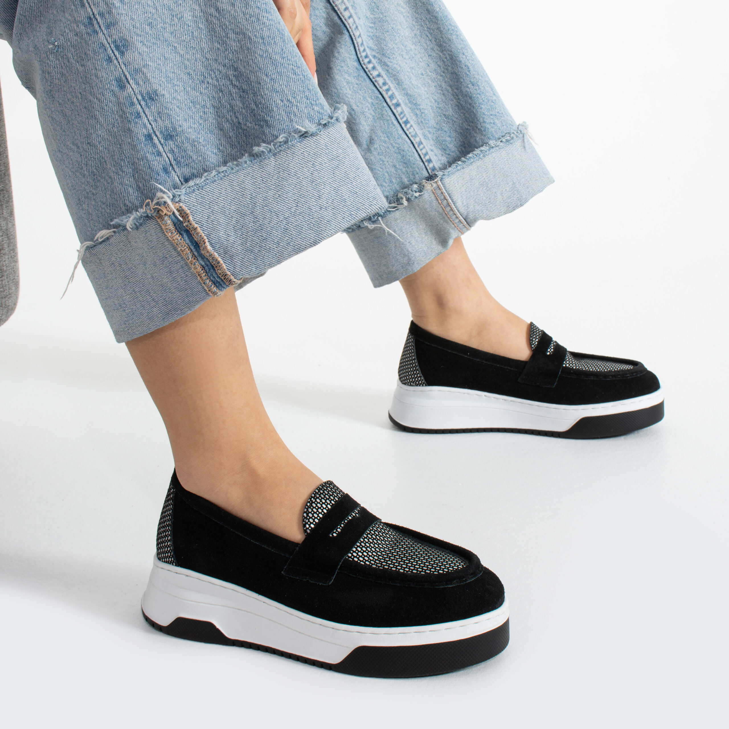Pantofi casual damă Malika din piele naturală, negri și gri Pantofi casual damă Malika din piele naturală, negri și gri