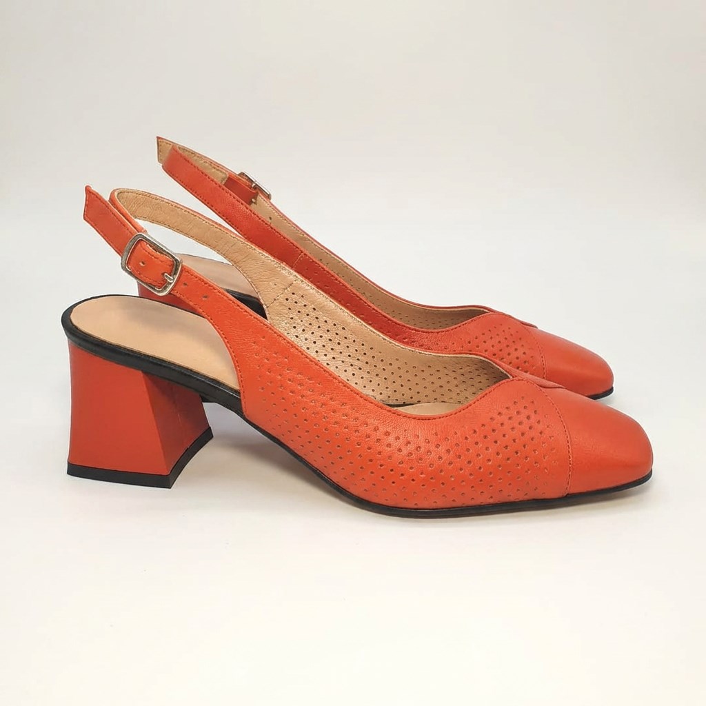 Pantofi eleganți de damă, cu toc jos, din piele naturală, Portocaliu, Elif Pantofi eleganți de damă, cu toc jos, din piele naturală, Portocaliu, Elif