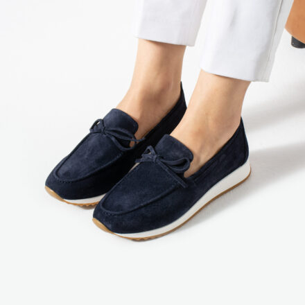 Mocasini casual de damă bleumarin din piele întoarsă naturală Aisha
