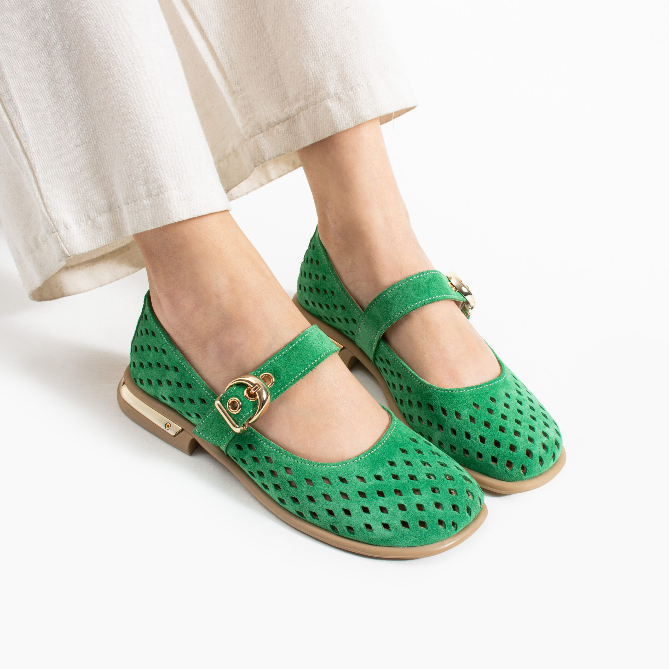 Pantofi Mary Jane verzi din piele întoarsă naturală perforată Shani Pantofi Mary Jane verzi din piele întoarsă naturală perforată Shani