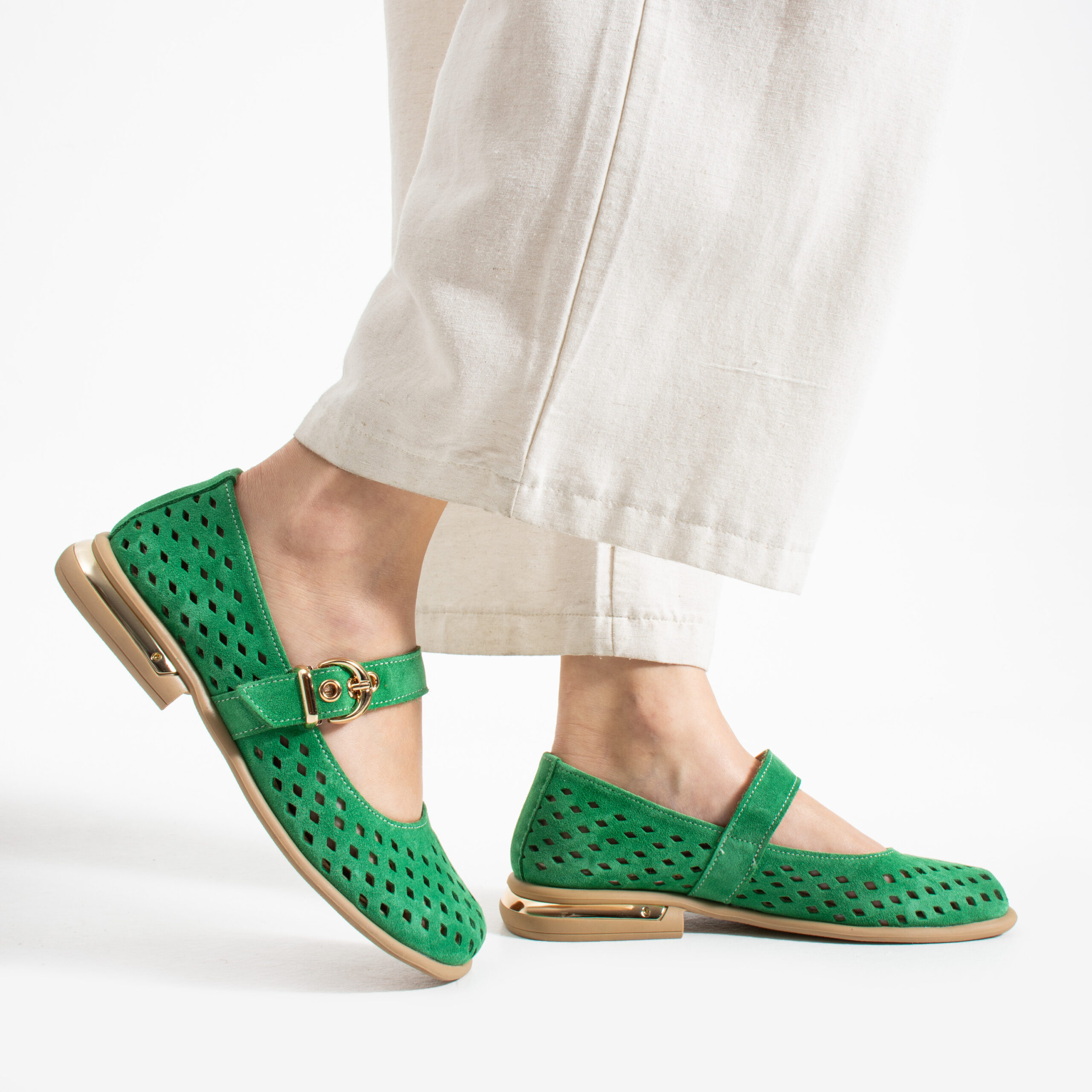 Pantofi Mary Jane verzi din piele întoarsă naturală perforată Shani Pantofi Mary Jane verzi din piele întoarsă naturală perforată Shani