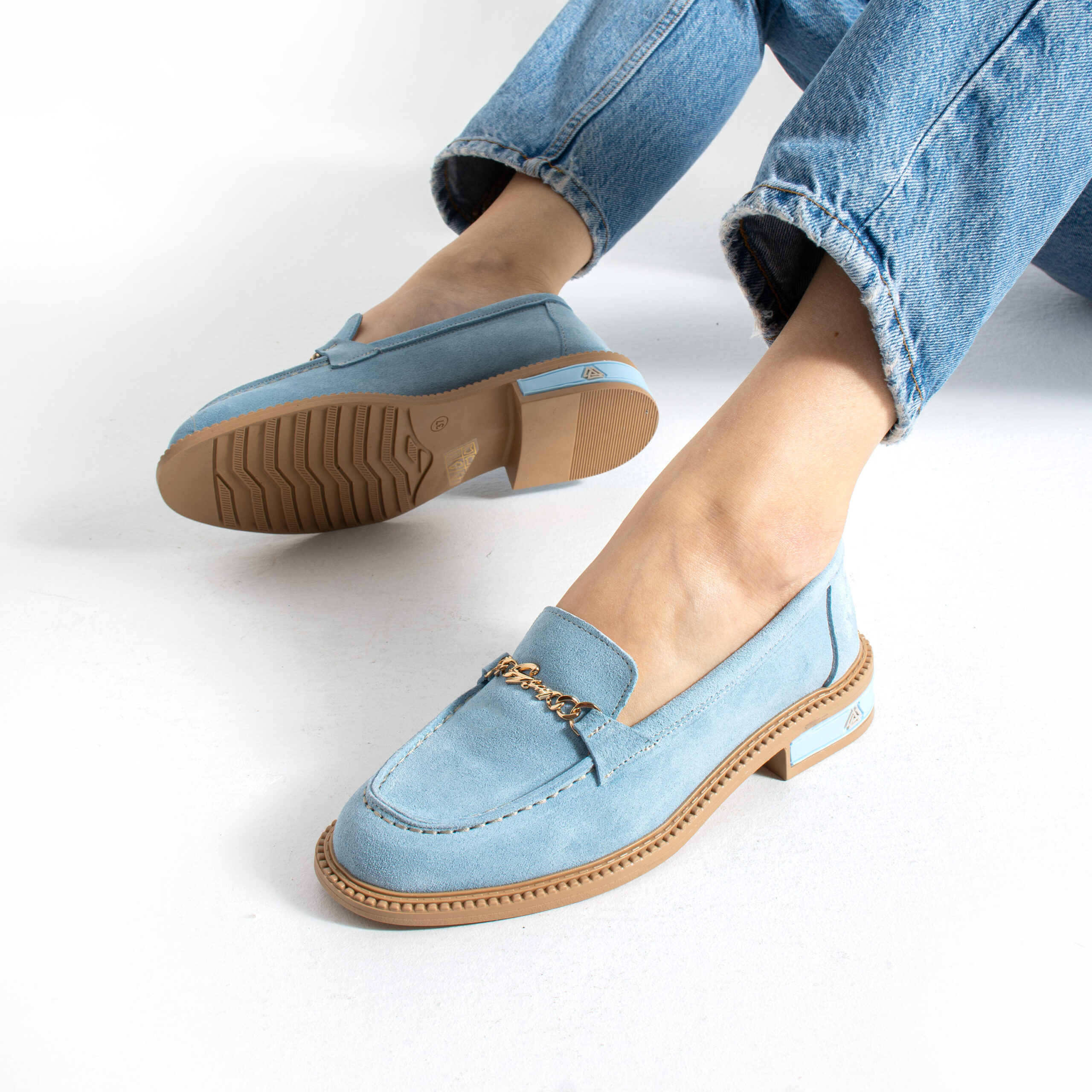 Loafers eleganți de damă bleu din piele întoarsă naturală Esmer Loafers eleganți de damă bleu din piele întoarsă naturală Esmer