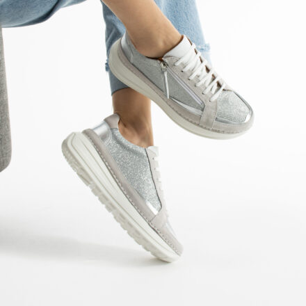 Sneakers damă moderni din piele naturală, Argintiu Moama