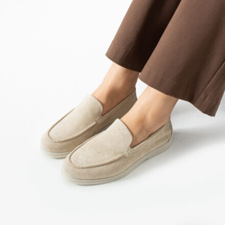 Mocasini clasici de damă bej din piele întoarsă naturală Malindi