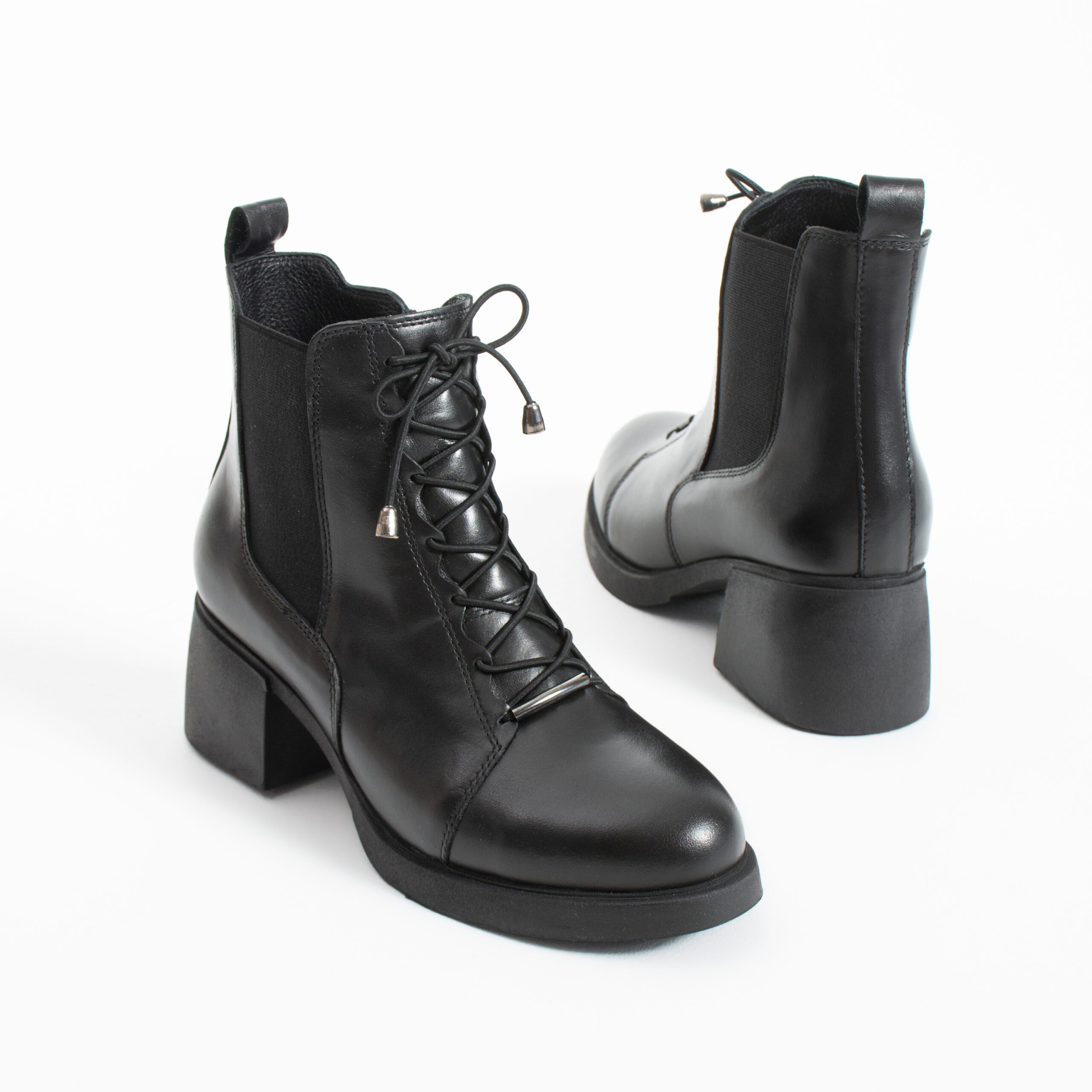 Botine de damă negre, cu toc jos, fermoar și șireturi, din piele naturală Matilde Botine de damă negre, cu toc jos, fermoar și șireturi, din piele naturală Matilde