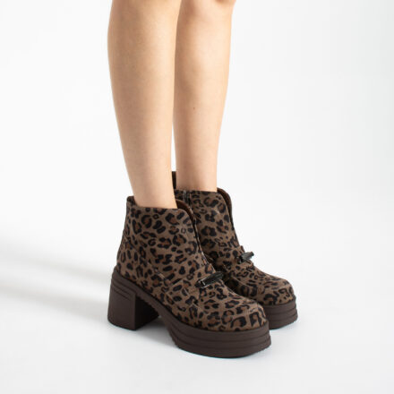 Botine leopard din piele întoarsă naturală, cu toc gros Bridget