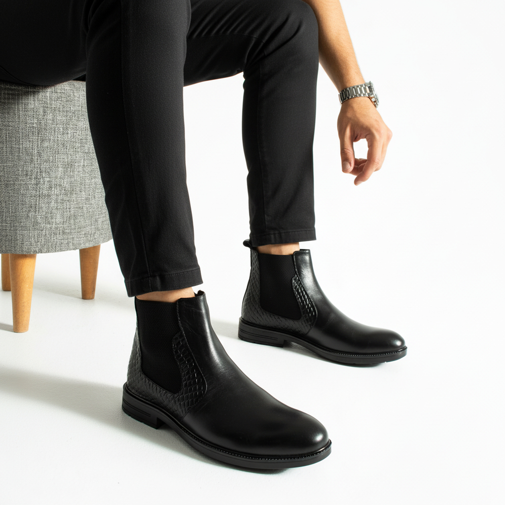 Ghete Chelsea elegante pentru bărbați, negre, din piele naturală Bangkok Ghete Chelsea elegante pentru bărbați, negre, din piele naturală Bangkok