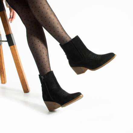Botine cowboy negre cu toc din piele întoarsă naturală, cu detalii Sabina